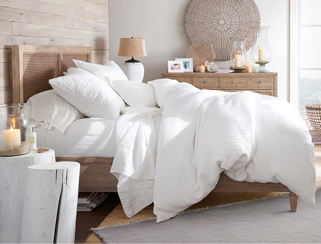 Shop Pottery Barn — Home Furniture, Décor and Outdoor Furniture | Featuring Sausalito Bed in Seadrift with plush duvet, pillows and quilted throw in white Belgian flax linen bedding.